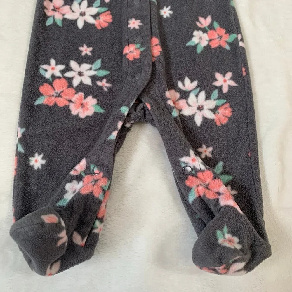 5/$25 Carter's Fleece Footed‎ Sleeper Girl 3M Gray Pink Floral Snap Front Bows